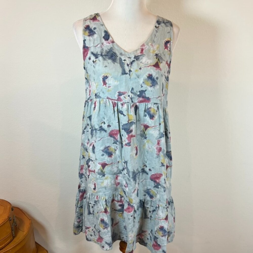 Bellambra 100% Italian Linen Dress S Floral Tie Neck Watercolor Coastal Beachy